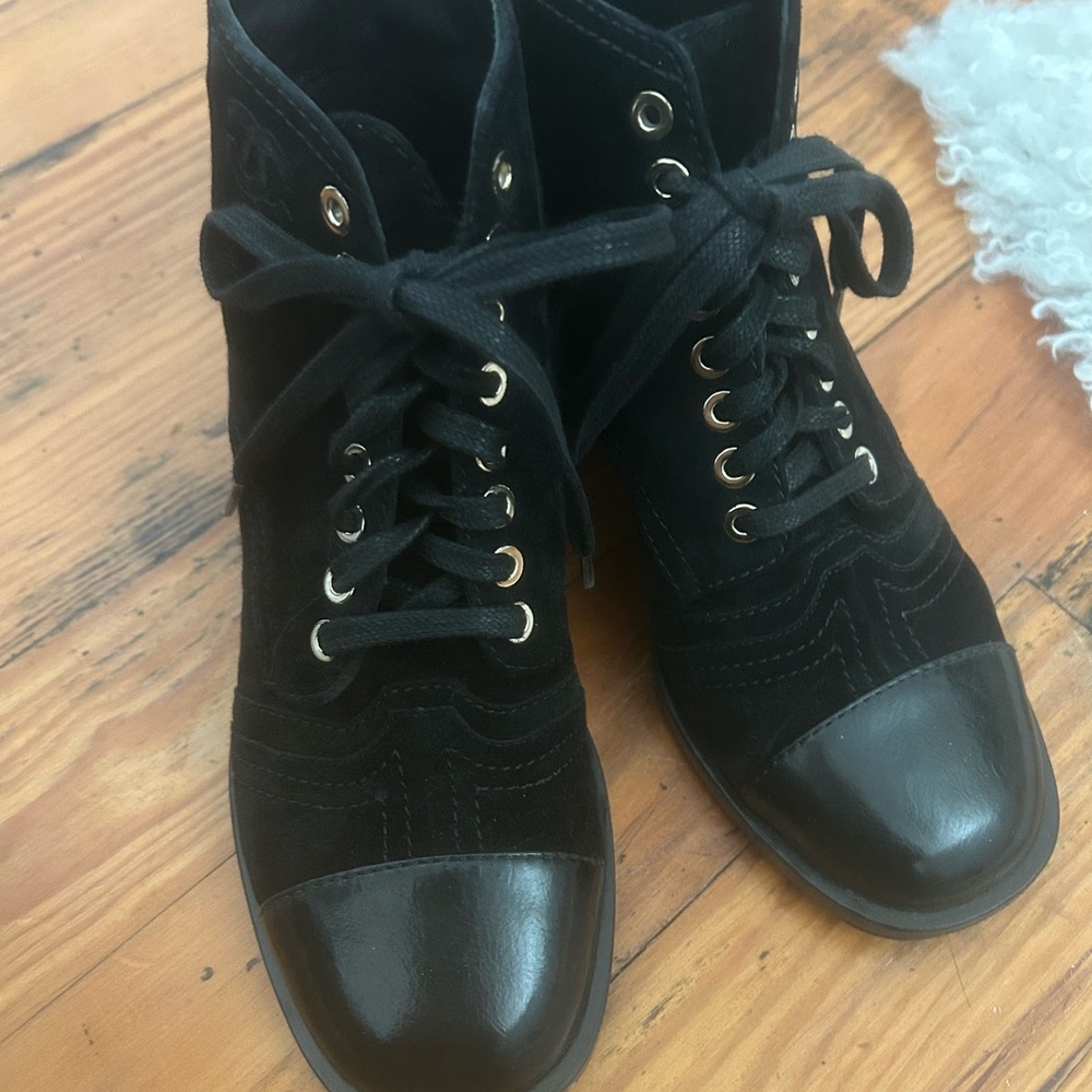 Chanel Patton Cap Toe, Black Suede Lace Up Booties, Size 5, Silver Eyelots.